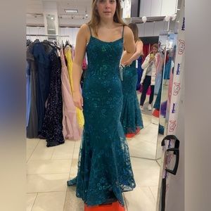 Ellie Wilde Mon Cheri emerald beaded mermaid gown